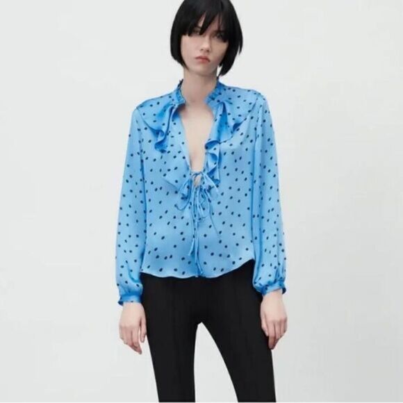 ZARA POLKA DOT BLOUSE WITH RUFFLES‎ - Picture 1 of 6